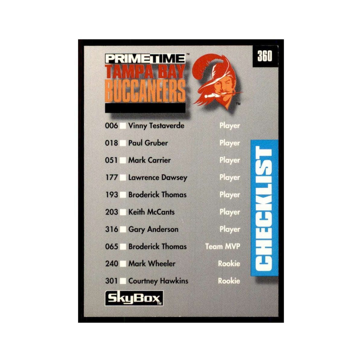 1992 SkyBox Primetime Checklist Tampa Bay Buccaneers/Washington Redskins #360