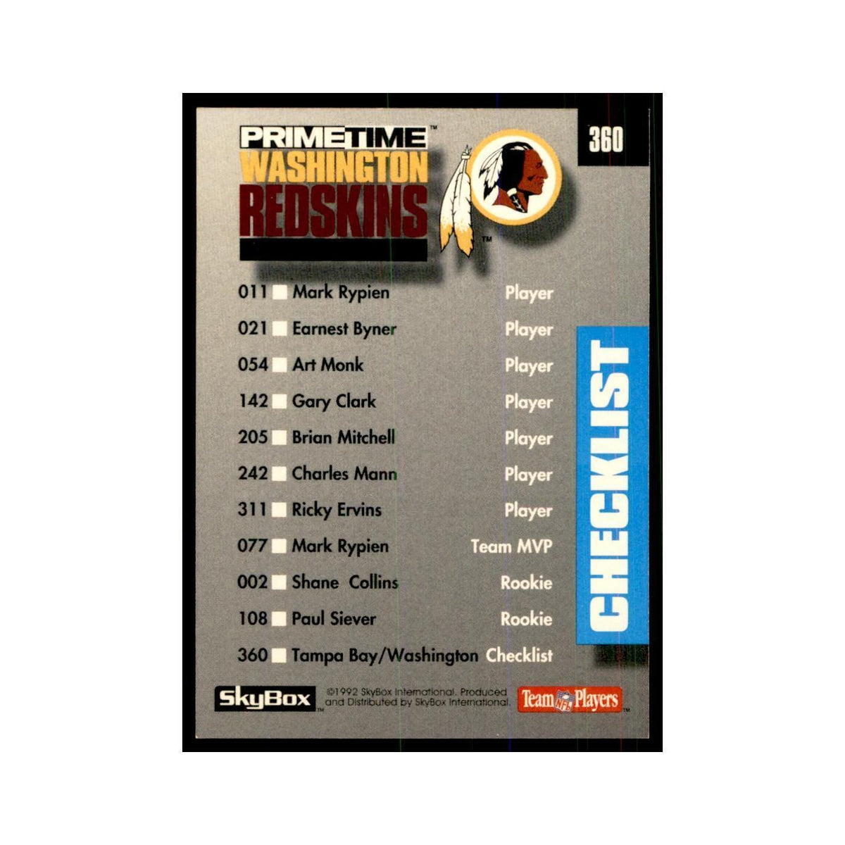 1992 SkyBox Primetime Checklist Tampa Bay Buccaneers/Washington Redskins #360