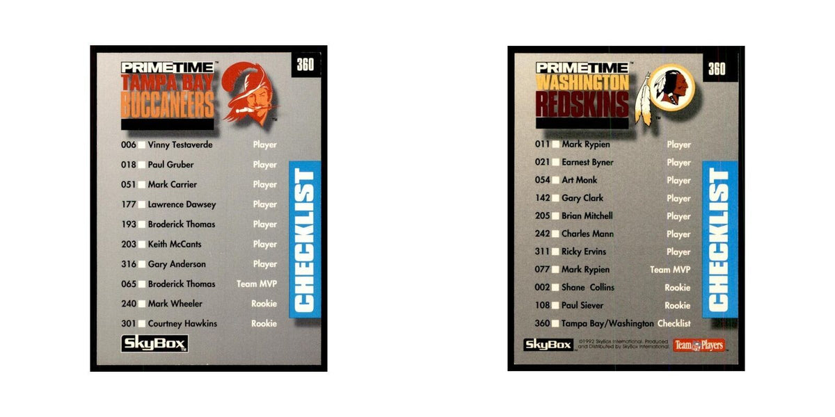 1992 SkyBox Primetime Checklist Tampa Bay Buccaneers/Washington Redskins #360