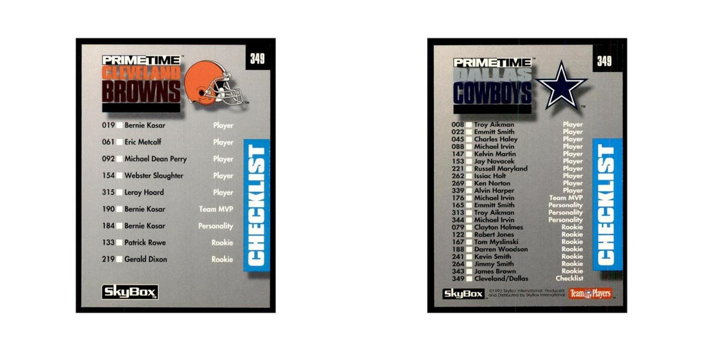 1992 SkyBox Primetime Checklist Cleveland Browns/Dallas Cowboys #349