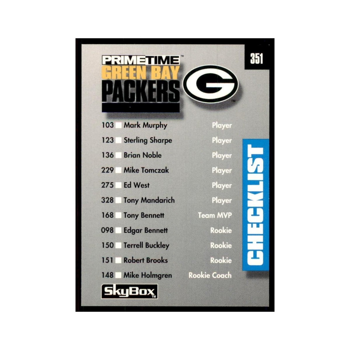 1992 SkyBox Primetime Checklist Green Bay Packers/Houston Oilers #351