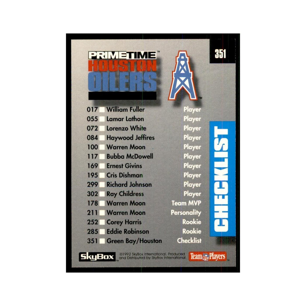 1992 SkyBox Primetime Checklist Green Bay Packers/Houston Oilers #351