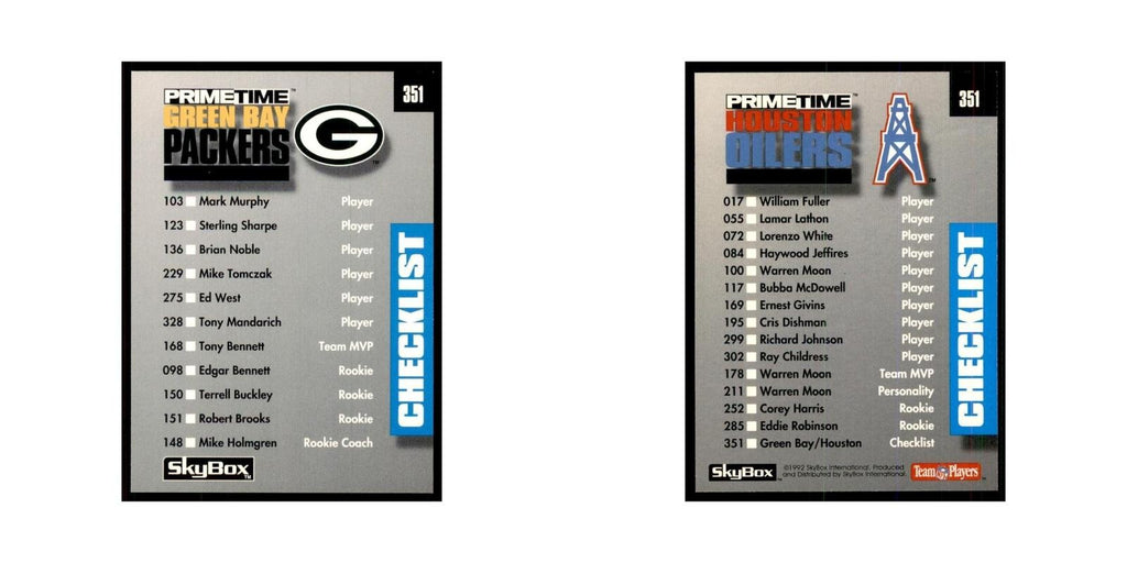 1992 SkyBox Primetime Checklist Green Bay Packers/Houston Oilers #351