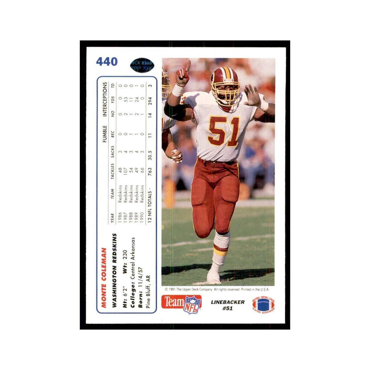 1991 Upper Deck Monte Coleman Redskins #440