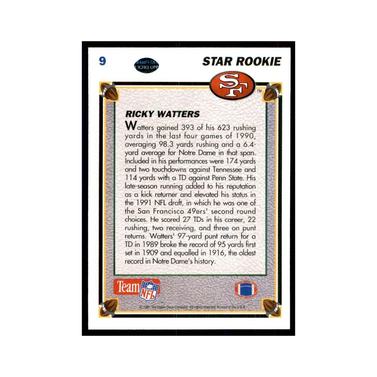 1991 Upper Deck Ricky Watters RC 49ers #9