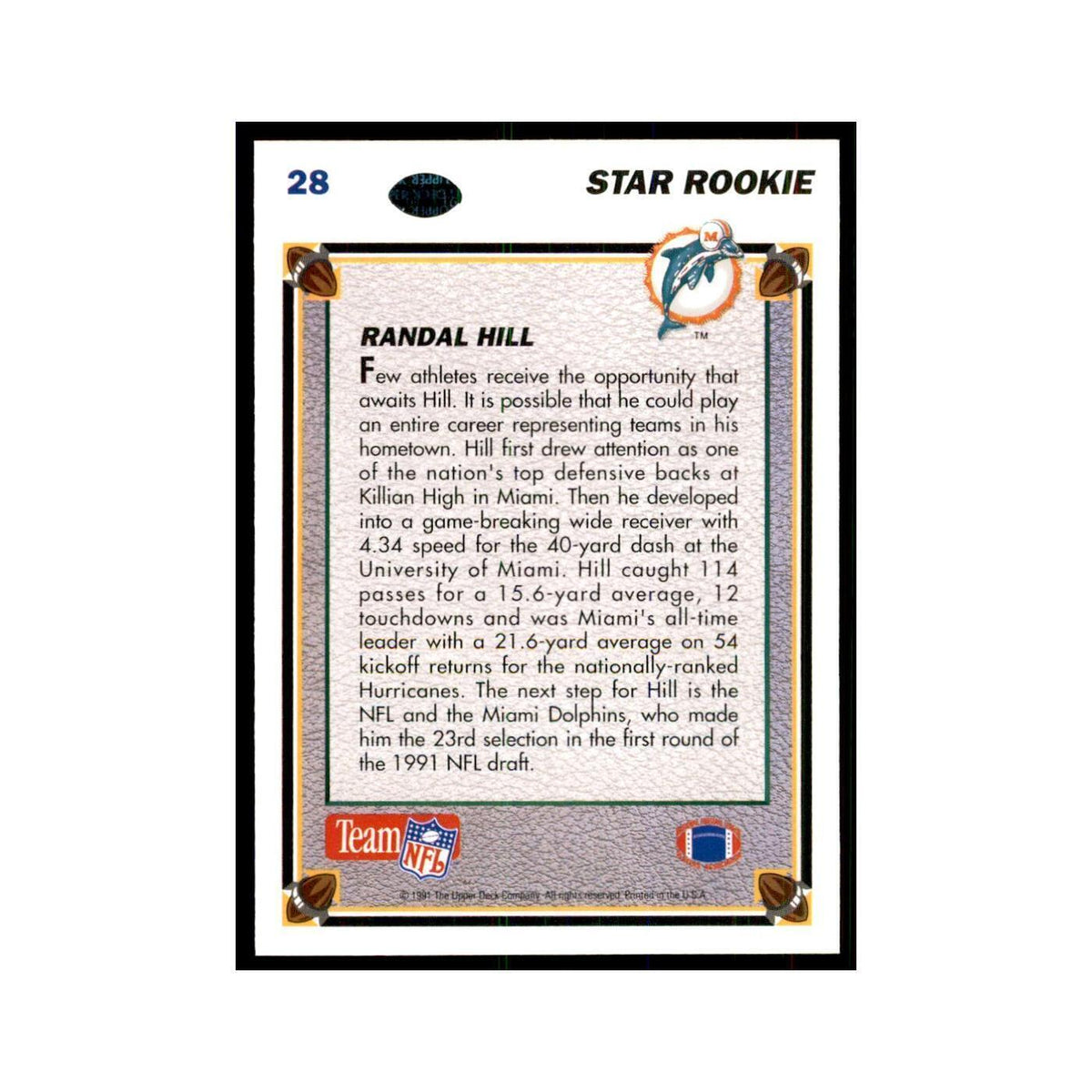 1991 Upper Deck Randal Hill RC Dolphins #28