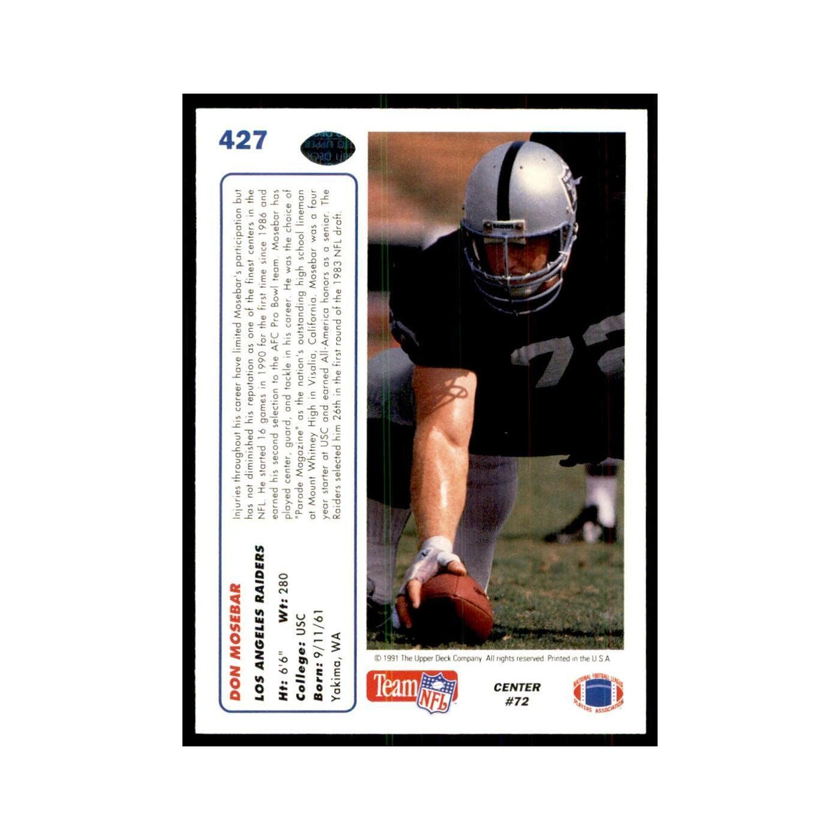1991 Upper Deck Don Mosebar Los Angeles Raiders #427