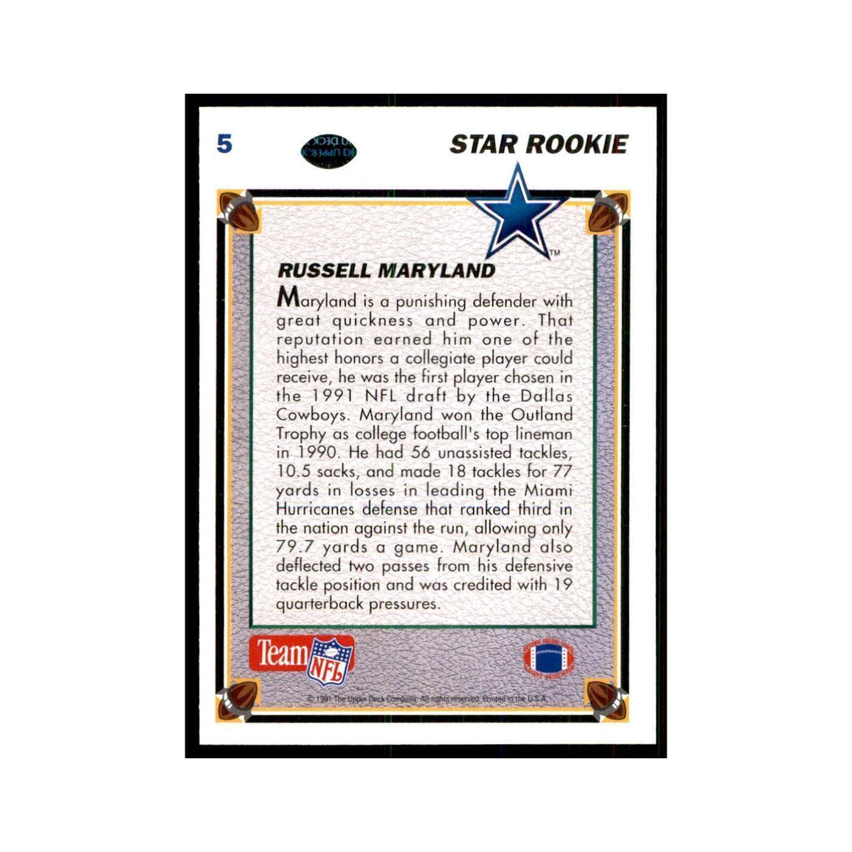 1991 Upper Deck Russell Maryland RC Cowboys #5