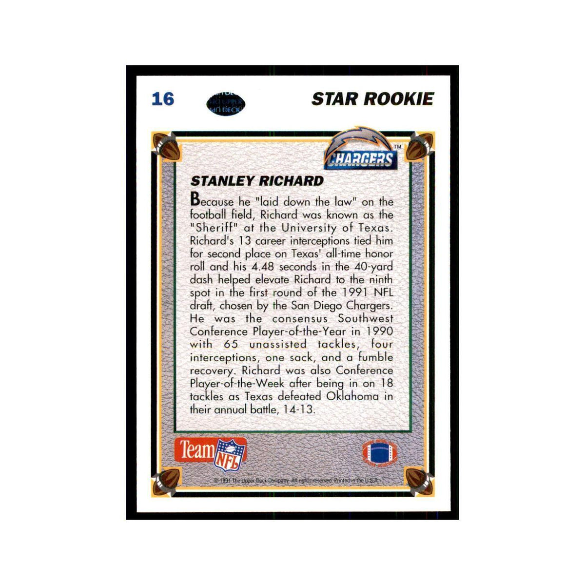 1991 Upper Deck Stanley Richard RC San Diego Chargers #16