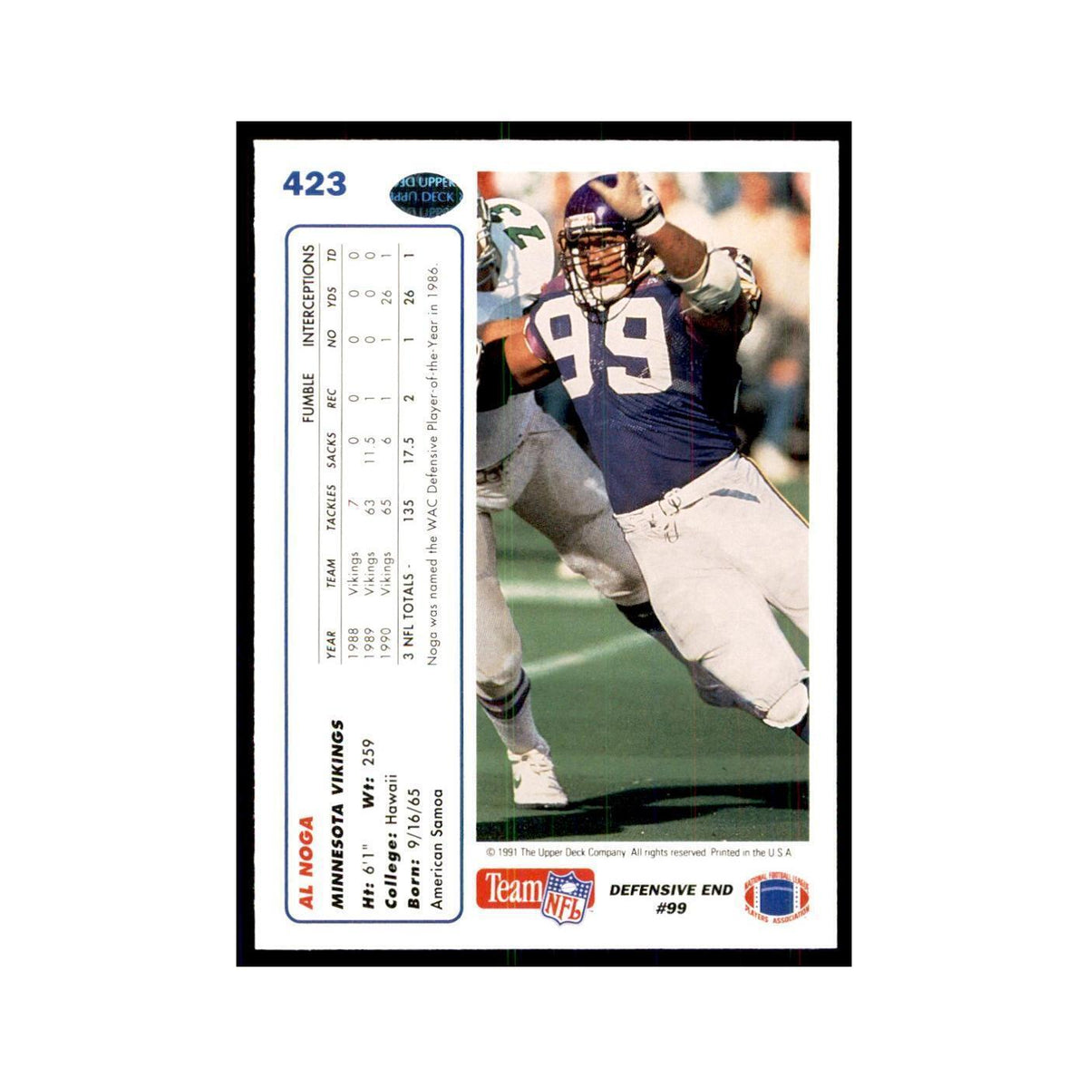 1991 Upper Deck Al Noga Vikings #423