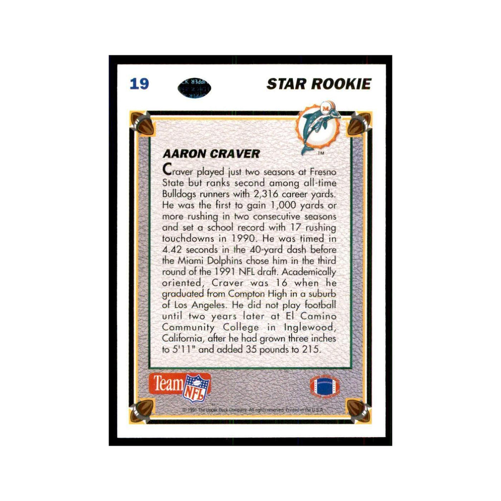 1991 Upper Deck Aaron Craver RC Dolphins #19