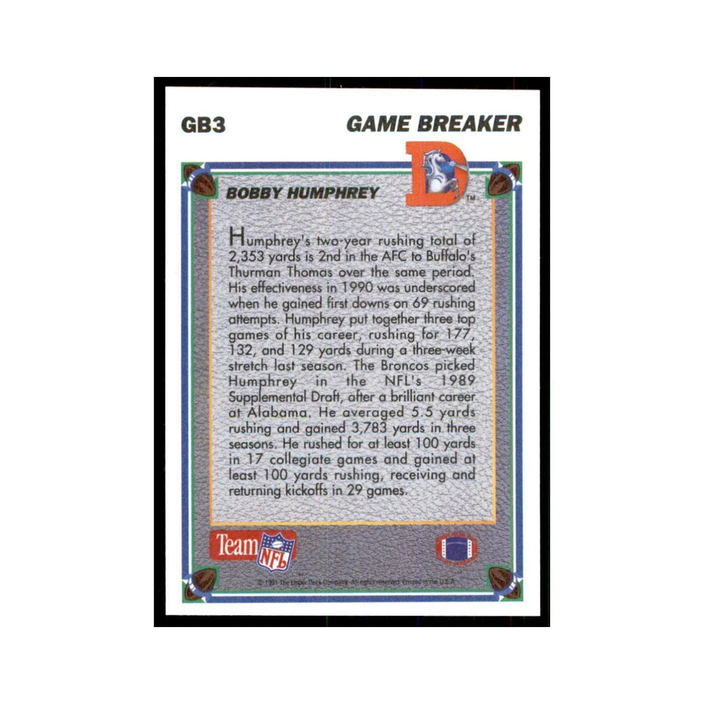 1991 Upper Deck Game Breaker Holograms Bobby Humphrey Broncos #GB3