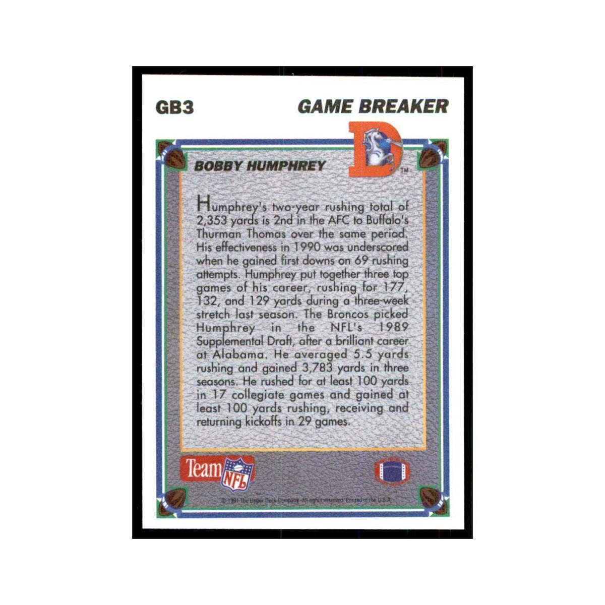 1991 Upper Deck Game Breaker Holograms Bobby Humphrey Broncos #GB3