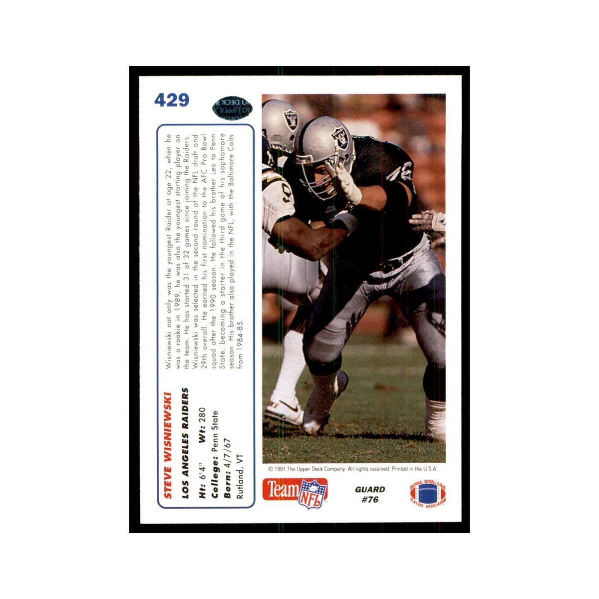 1991 Upper Deck Steve Wisniewski Los Angeles Raiders #429