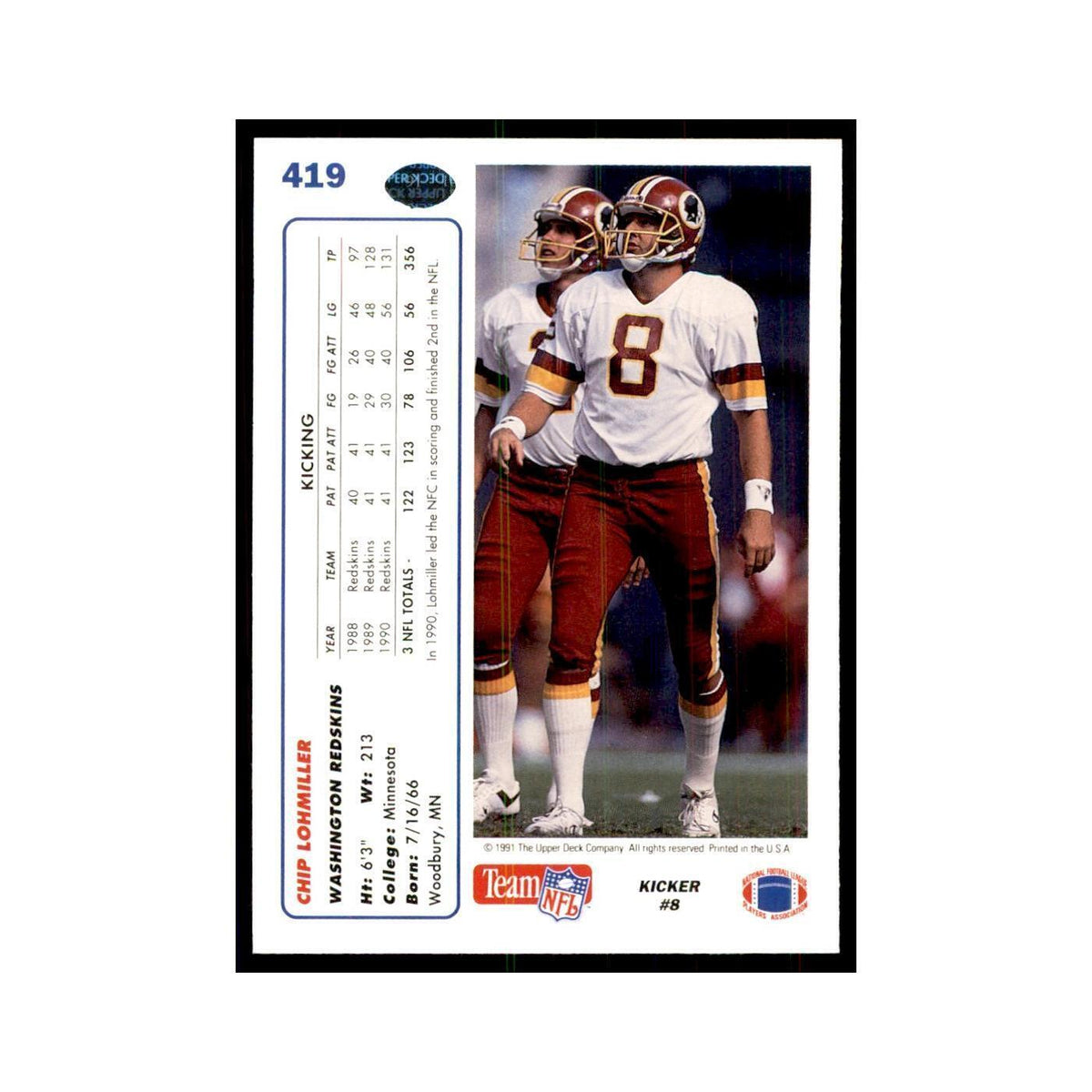 1991 Upper Deck Chip Lohmiller Redskins #419