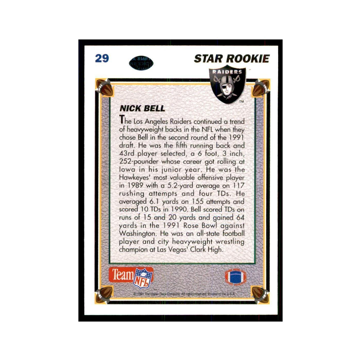 1991 Upper Deck Nick Bell RC Los Angeles Raiders #29