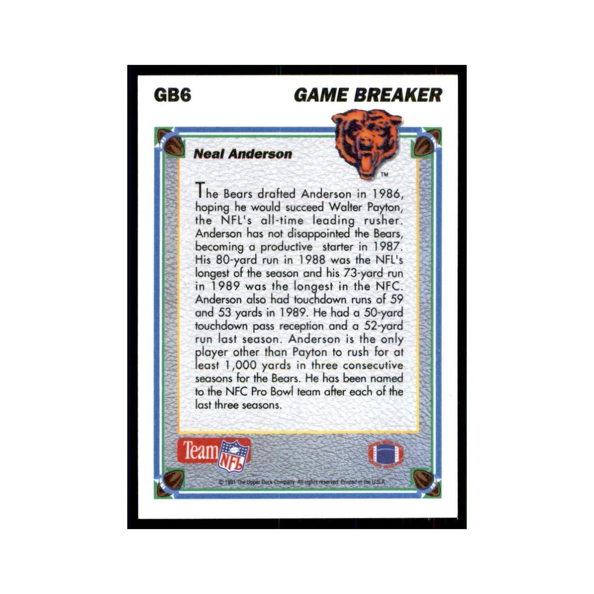 1991 Upper Deck Game Breaker Holograms Neal Anderson Bears #GB6