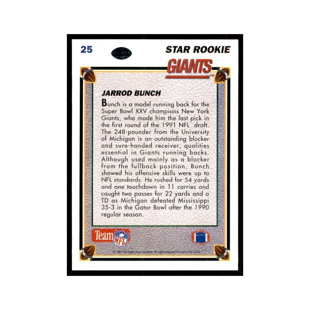 1991 Upper Deck Jarrod Bunch RC Giants #25