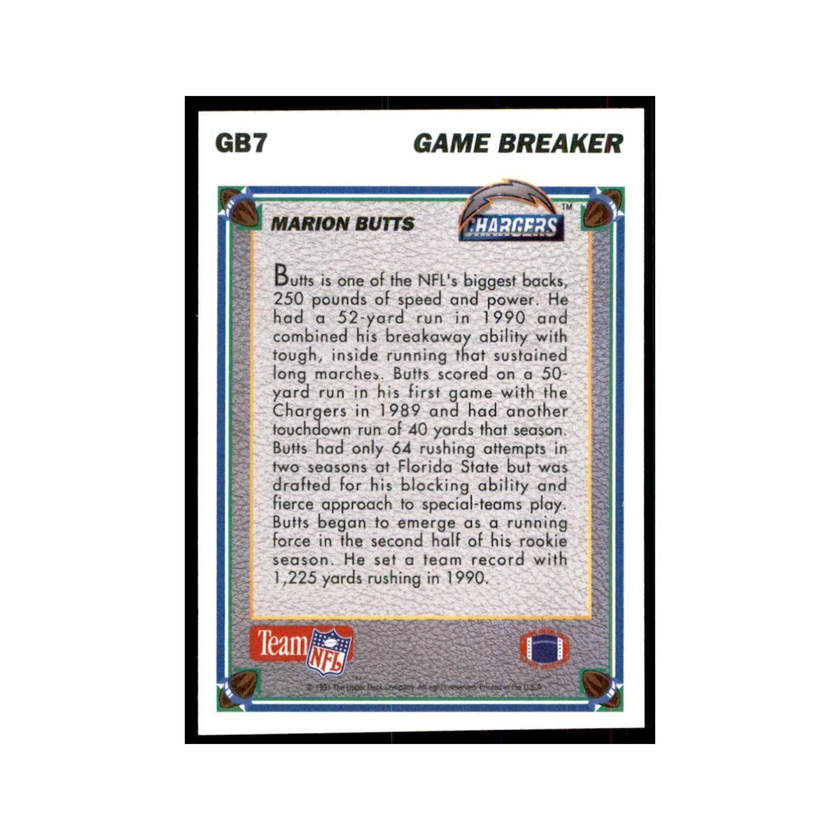 1991 Upper Deck Game Breaker Holograms Marion Butts San Diego Chargers #GB7