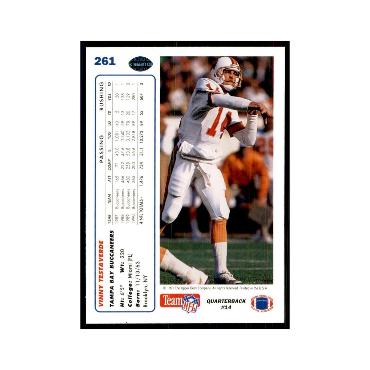 1991 Upper Deck Vinny Testaverde Buccaneers #261