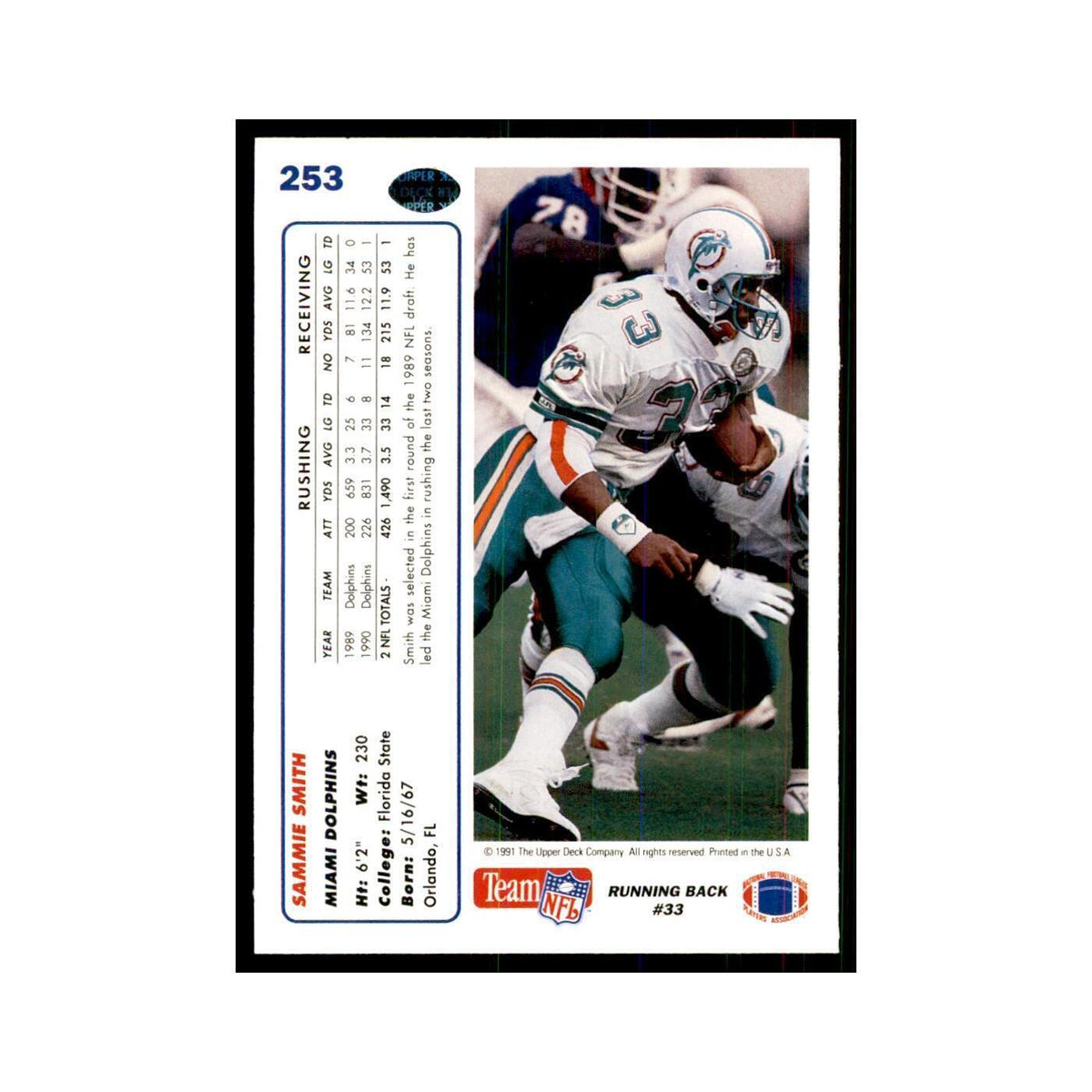 1991 Upper Deck Sammie Smith Dolphins #253
