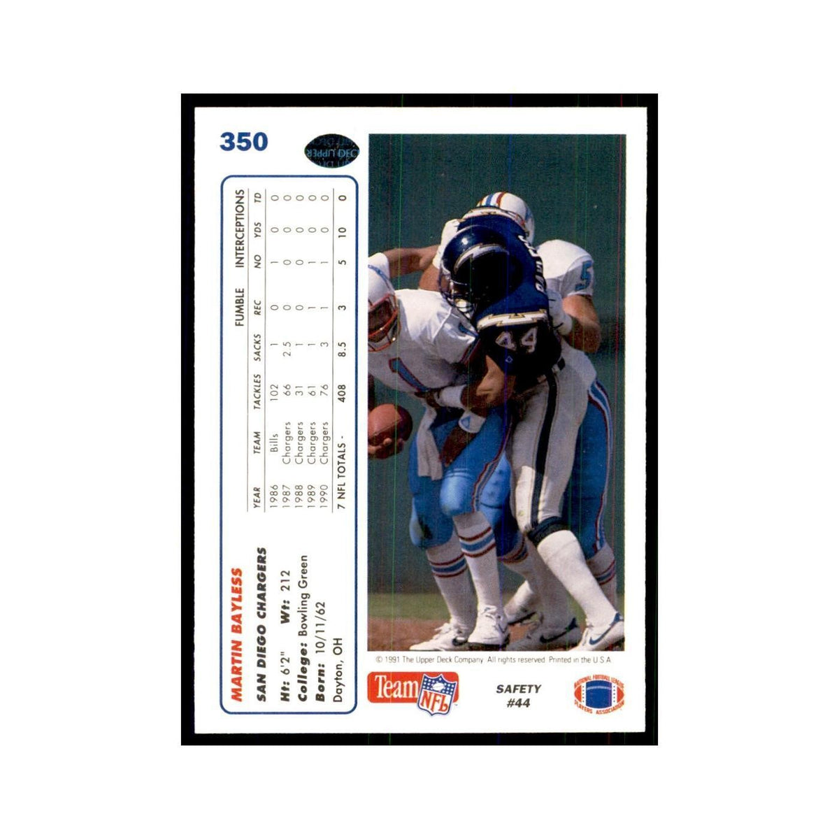 1991 Upper Deck Martin Bayless San Diego Chargers #350