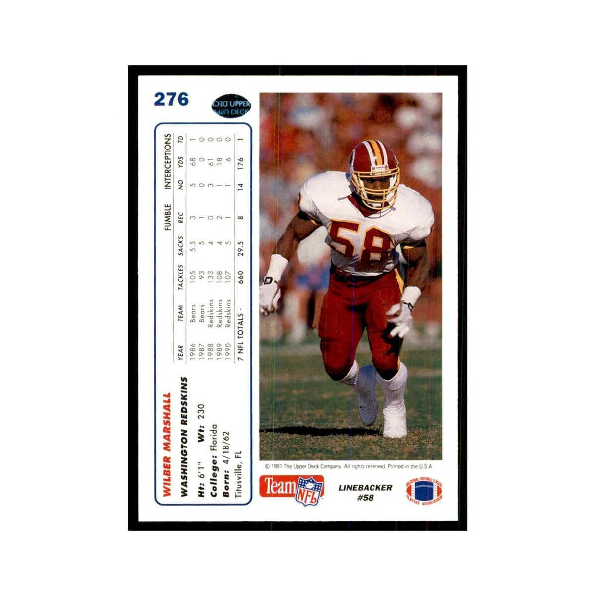 1991 Upper Deck Wilber Marshall Redskins #276