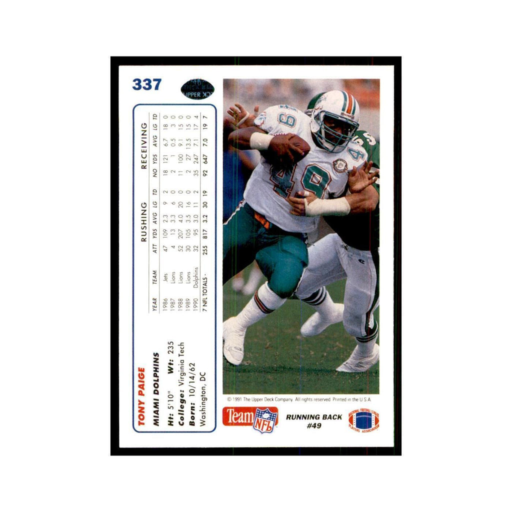 1991 Upper Deck Tony Paige Dolphins #337