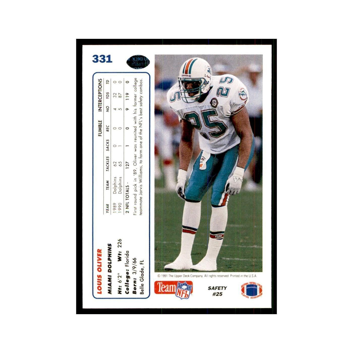 1991 Upper Deck Louis Oliver Dolphins #331
