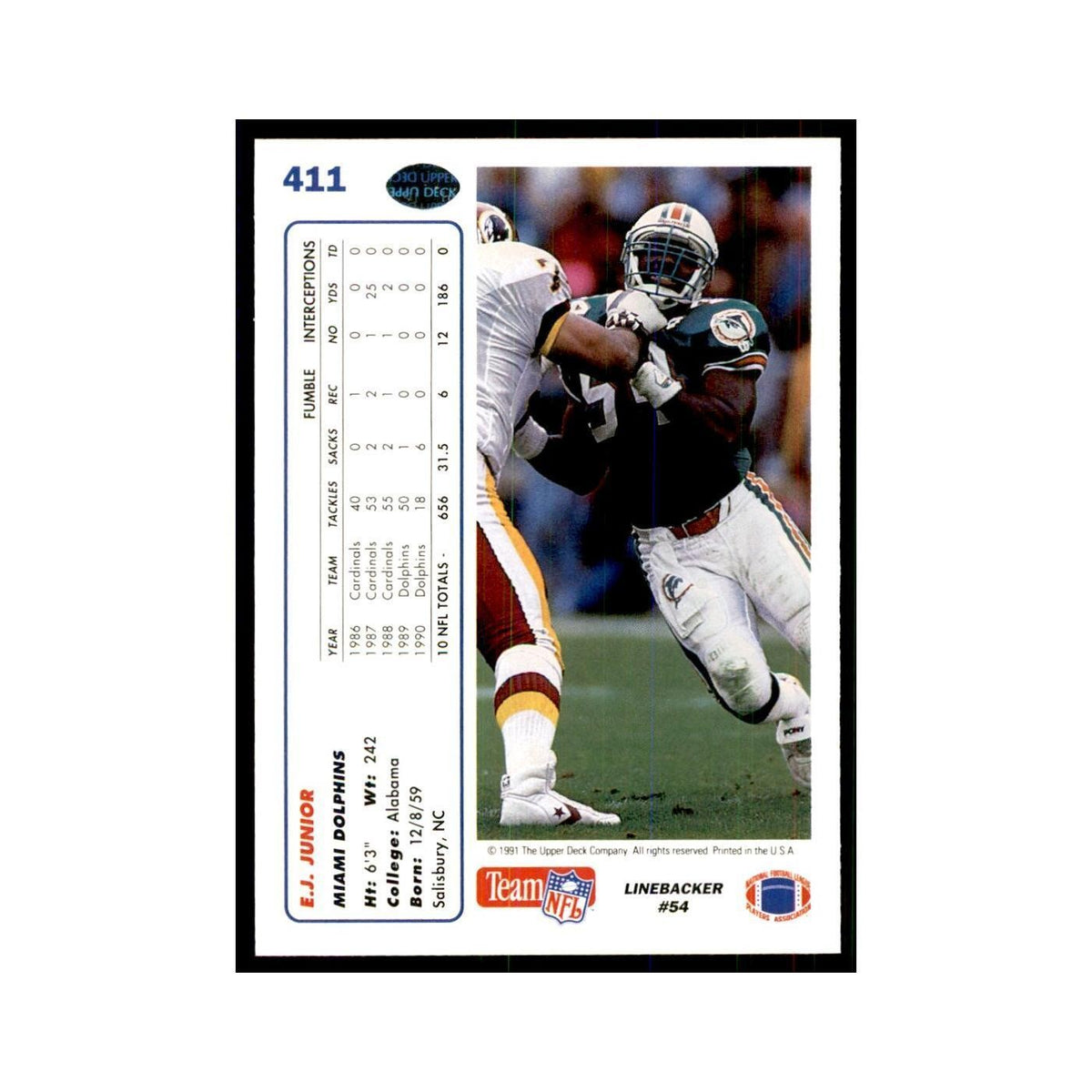 1991 Upper Deck E.J. Junior Dolphins #411