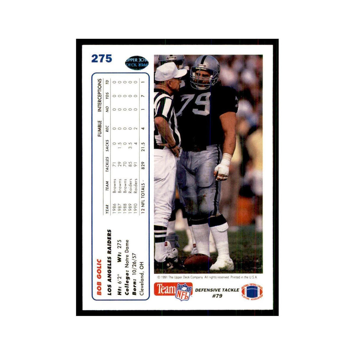 1991 Upper Deck Bob Golic Los Angeles Raiders #275