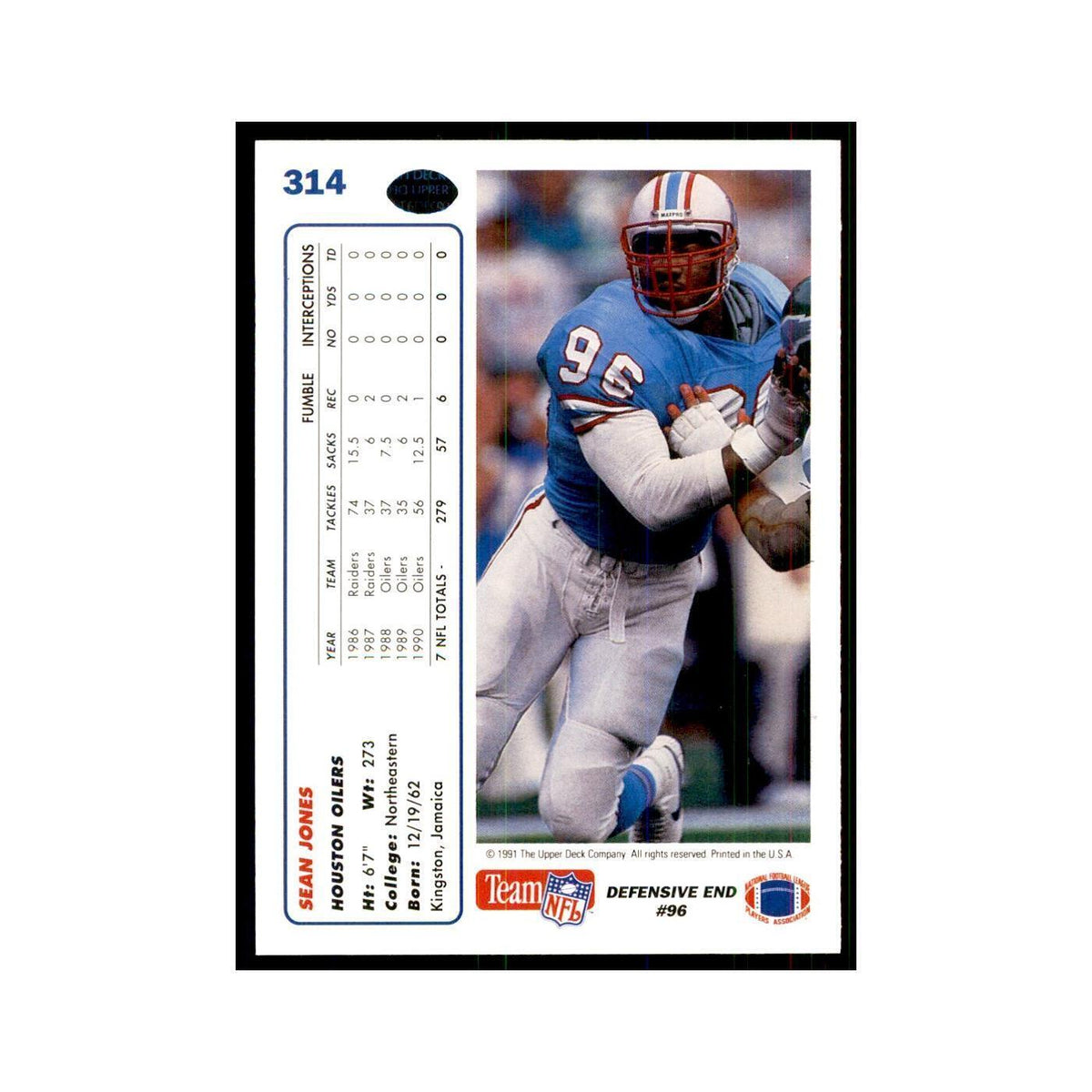 1991 Upper Deck Sean Jones Houston Oilers #314