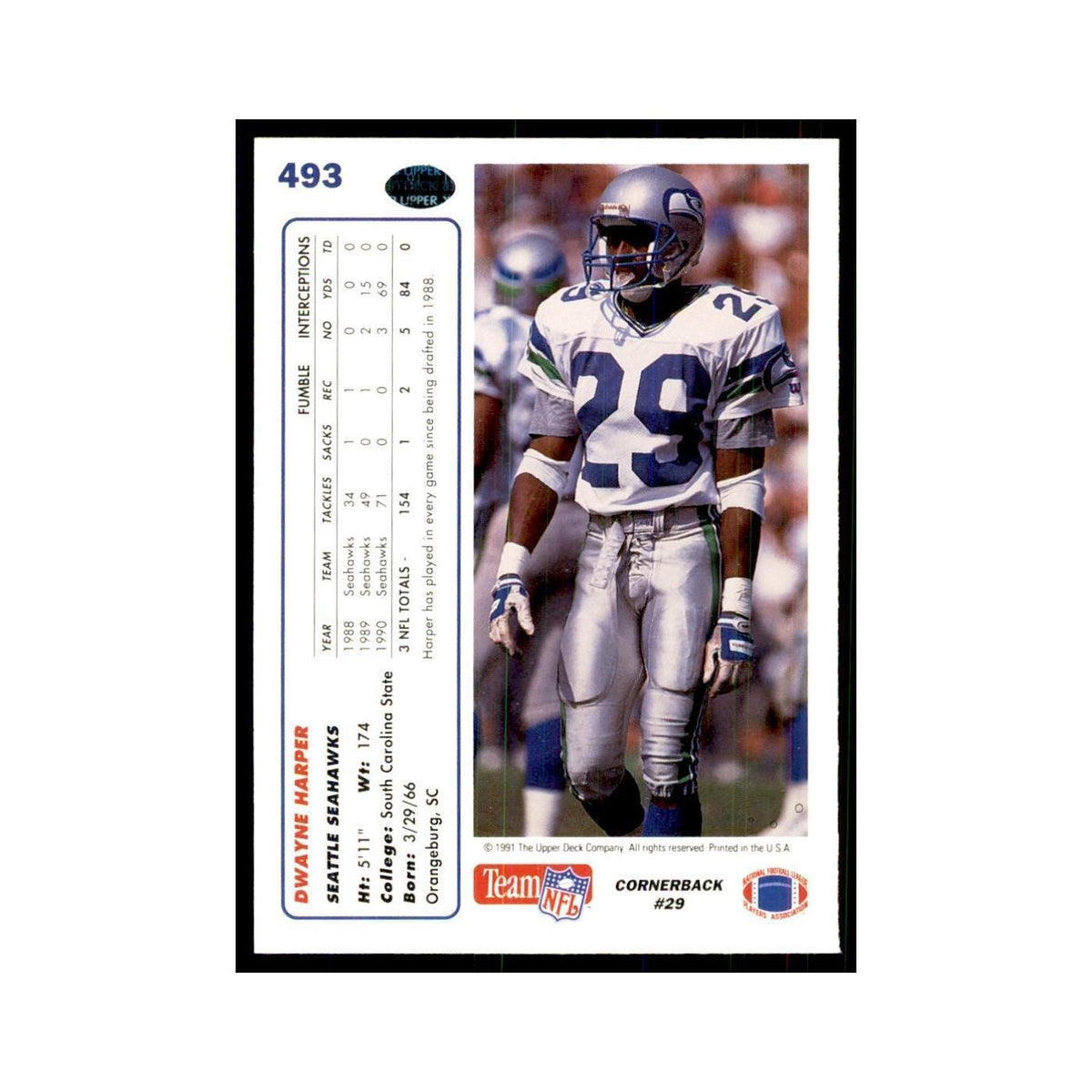 1991 Upper Deck Dwayne Harper RC Seahawks #493