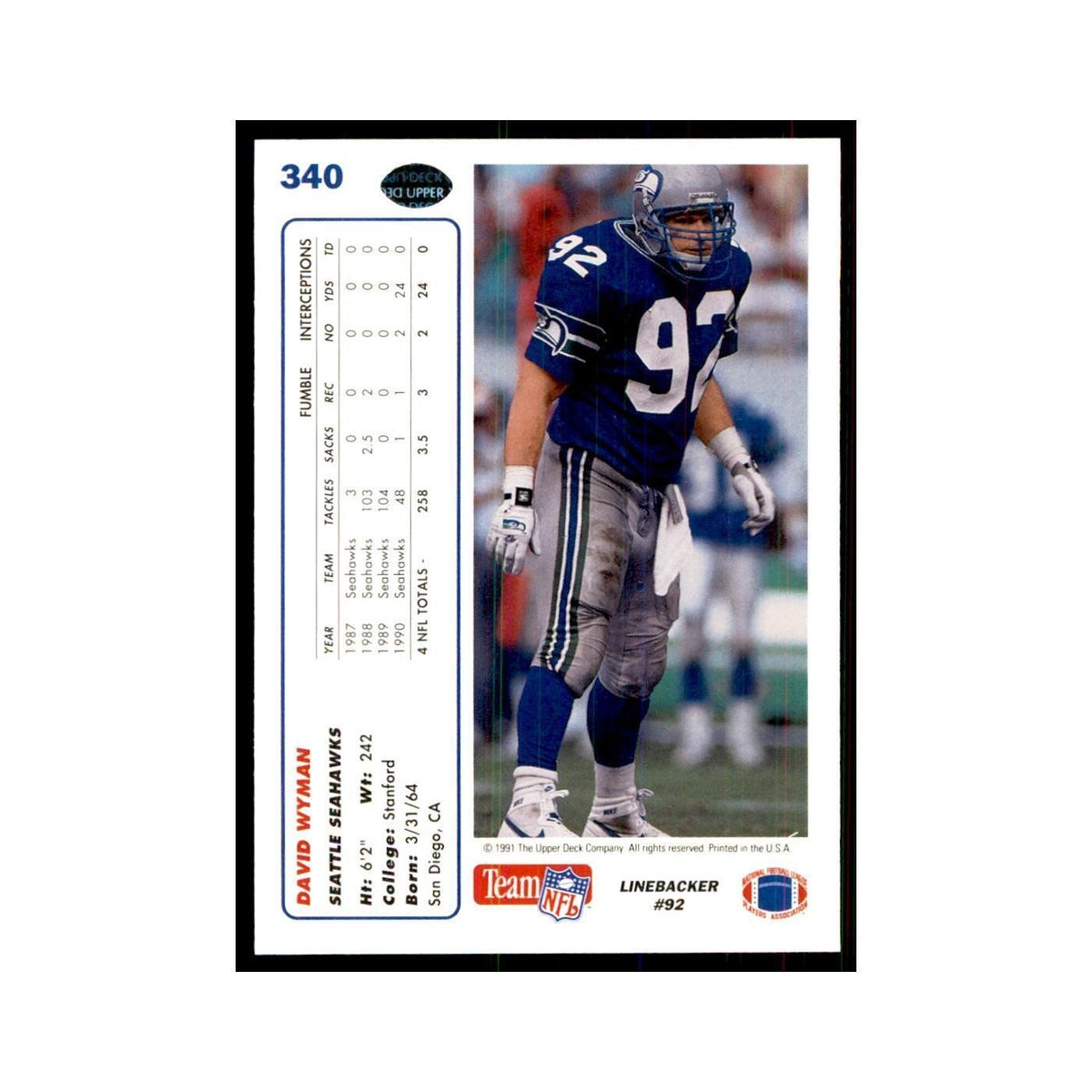 1991 Upper Deck David Wyman Seahawks #340