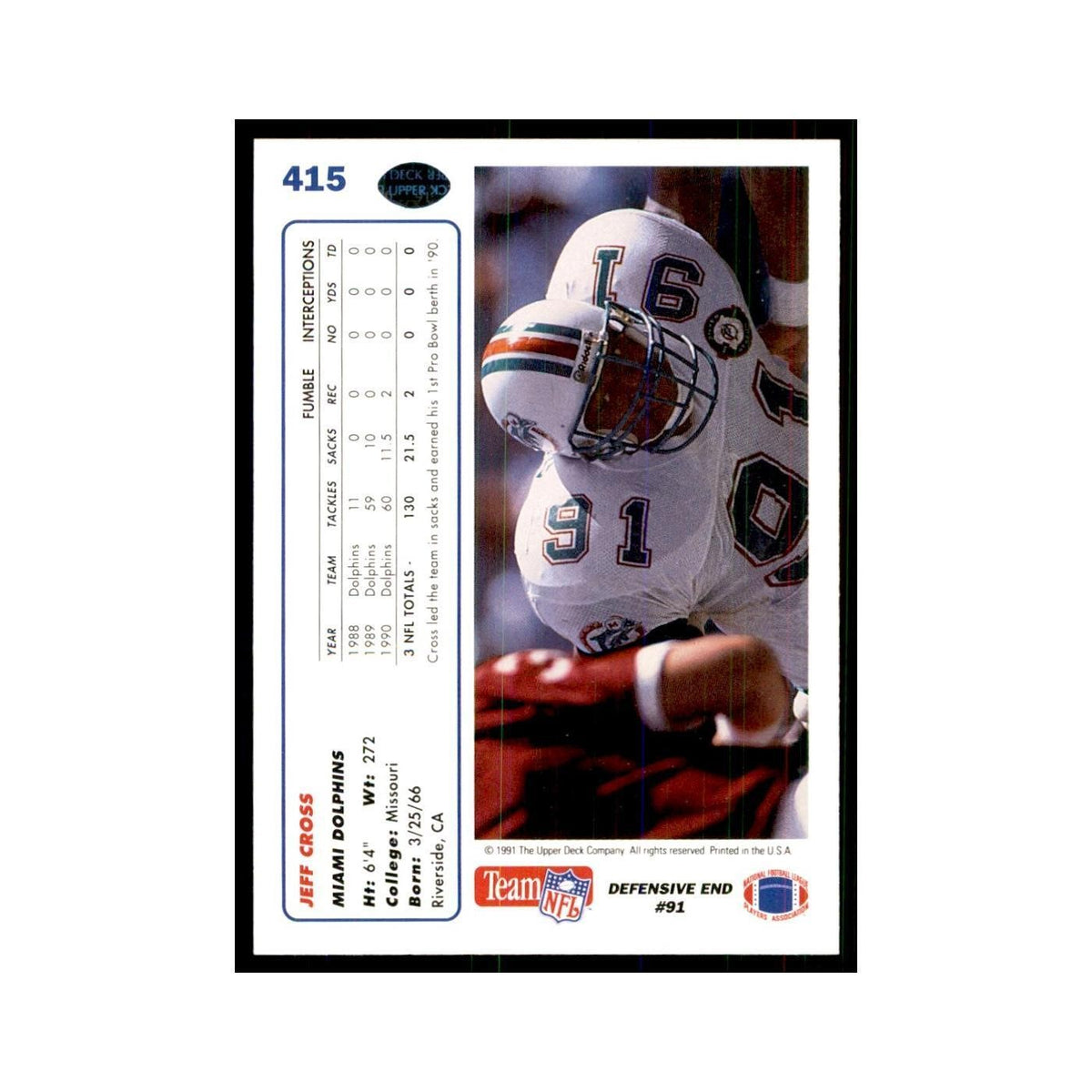 1991 Upper Deck Jeff Cross Dolphins #415