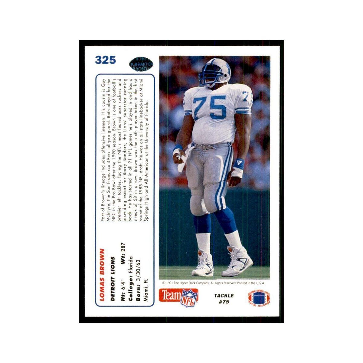 1991 Upper Deck Lomas Brown Lions #325