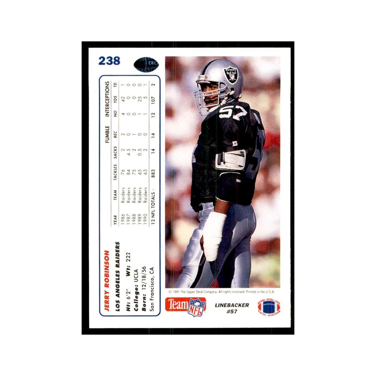 1991 Upper Deck Jerry Robinson Los Angeles Raiders #238