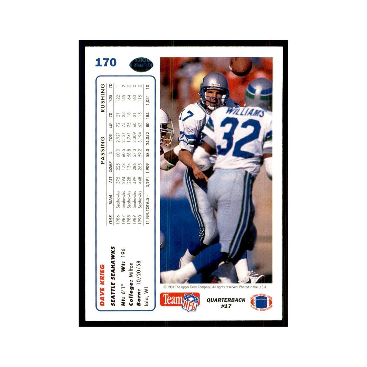 1991 Upper Deck Dave Krieg Seahawks #170