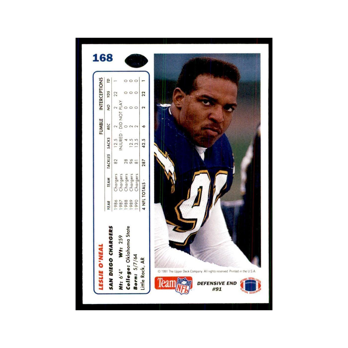 1991 Upper Deck Leslie O'Neal San Diego Chargers #168