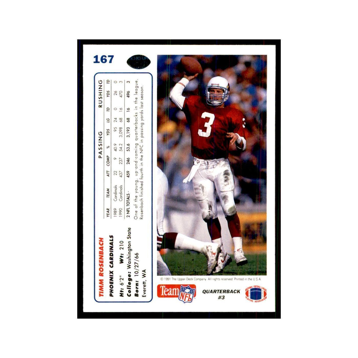 1991 Upper Deck Timm Rosenbach Phoenix Cardinals #167