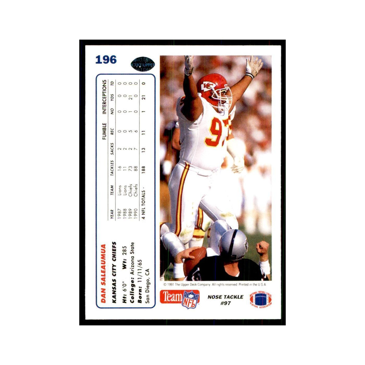1991 Upper Deck Dan Saleaumua Chiefs #196