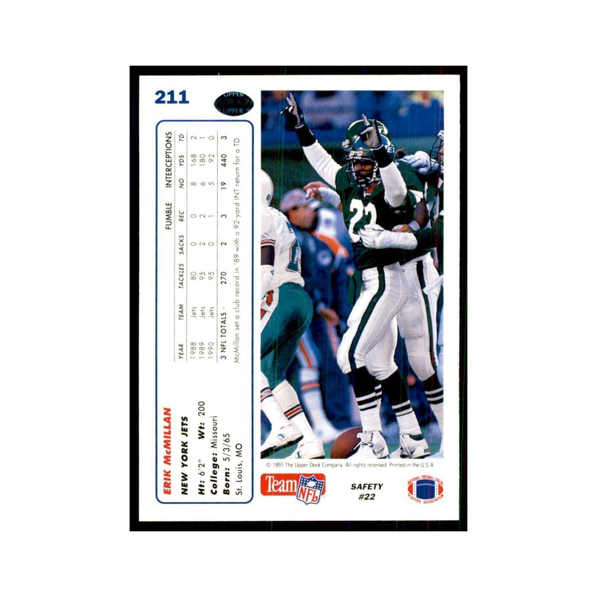 1991 Upper Deck Erik McMillan Jets #211