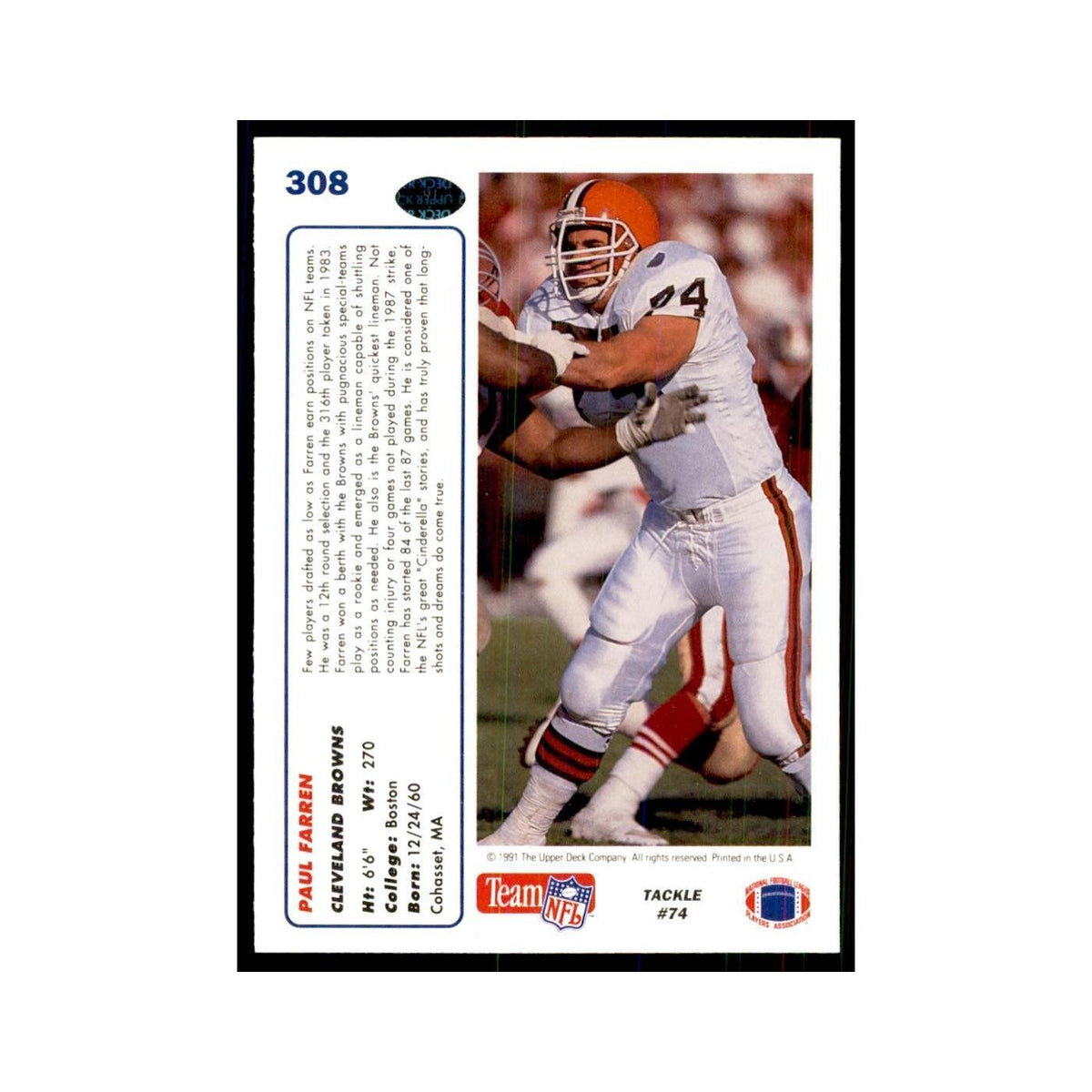 1991 Upper Deck Paul Farren Browns #308