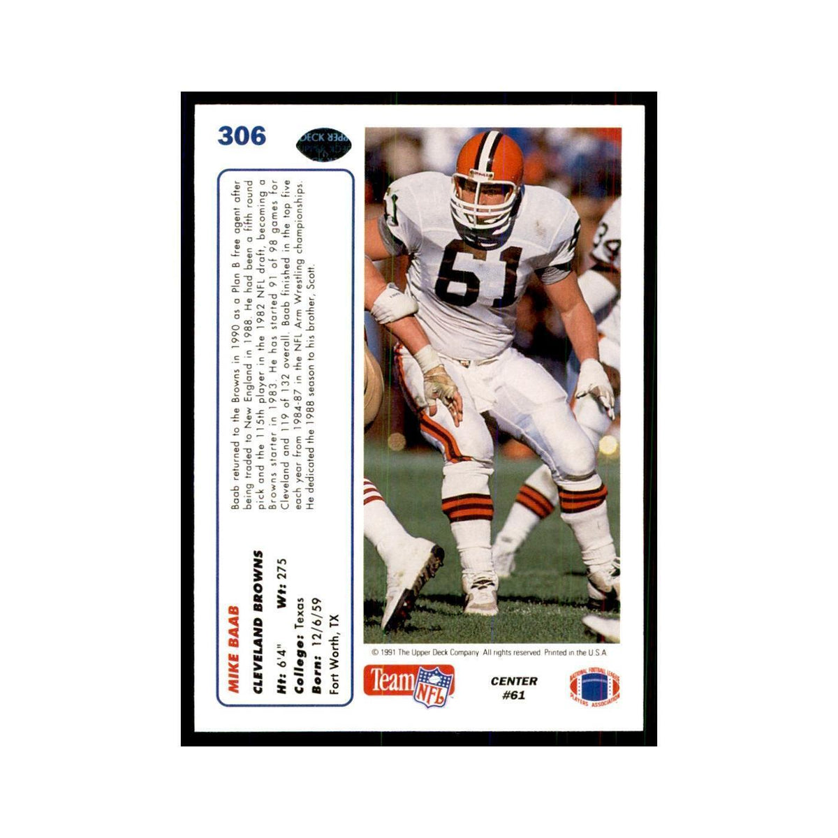 1991 Upper Deck Mike Baab Browns #306