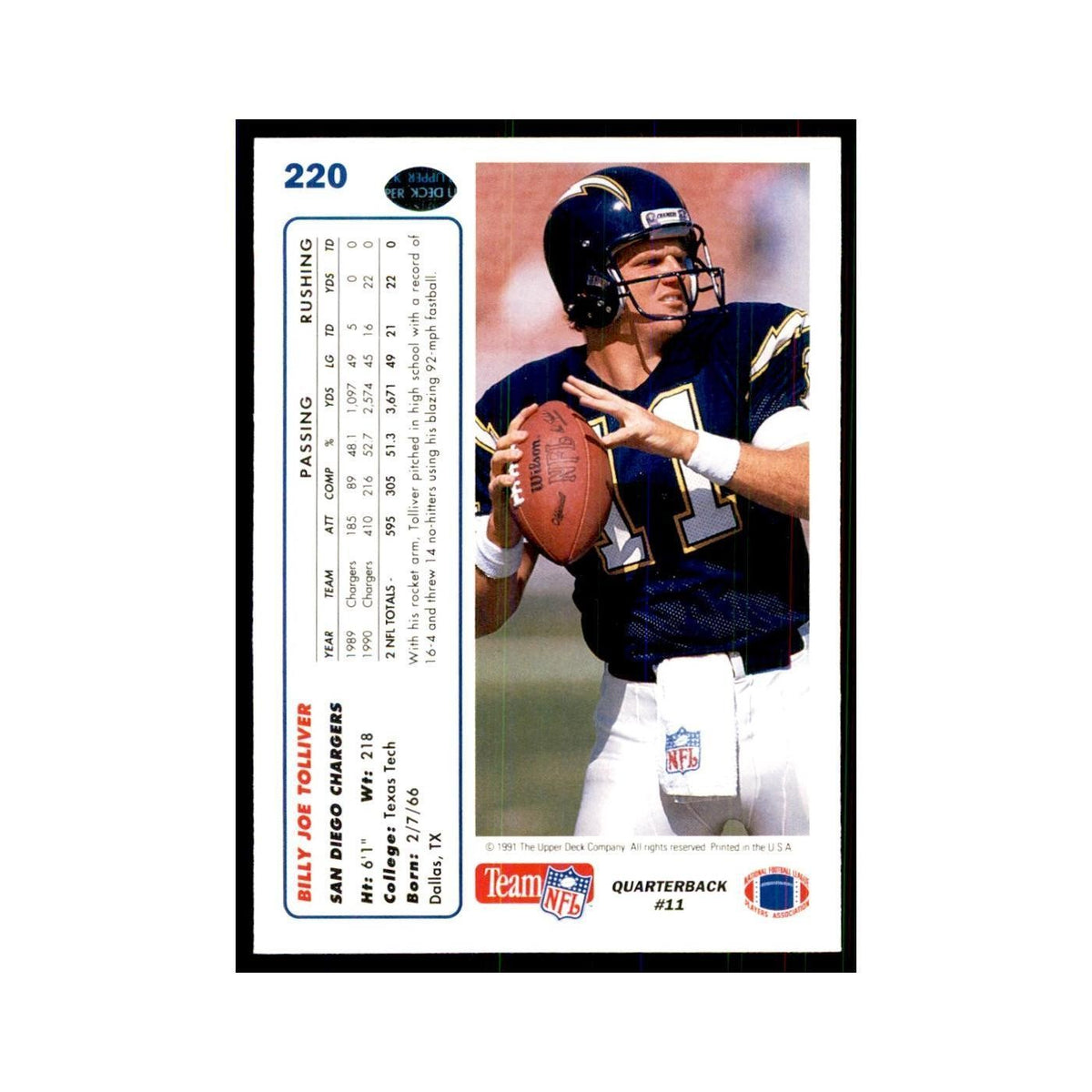 1991 Upper Deck Billy Joe Tolliver San Diego Chargers #220