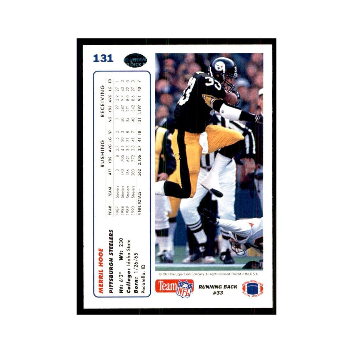 1991 Upper Deck Merril Hoge Steelers #131