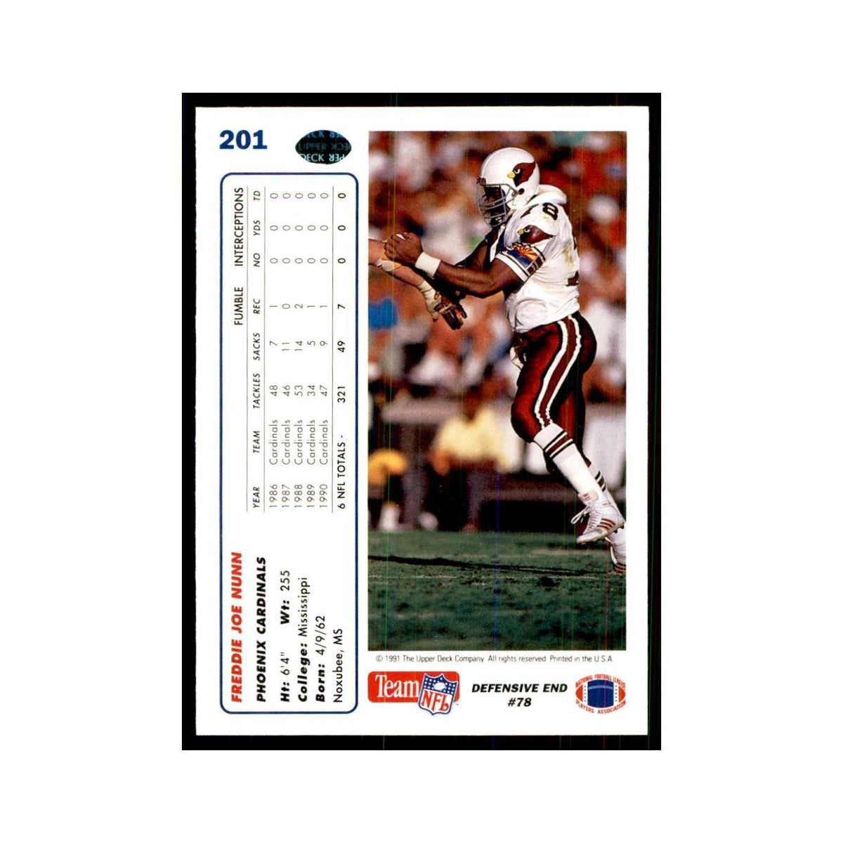 1991 Upper Deck Freddie Joe Nunn Phoenix Cardinals #201