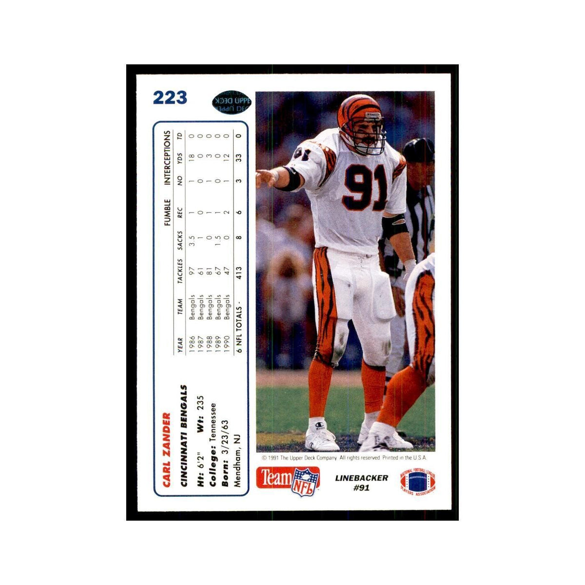 1991 Upper Deck Carl Zander Bengals #223