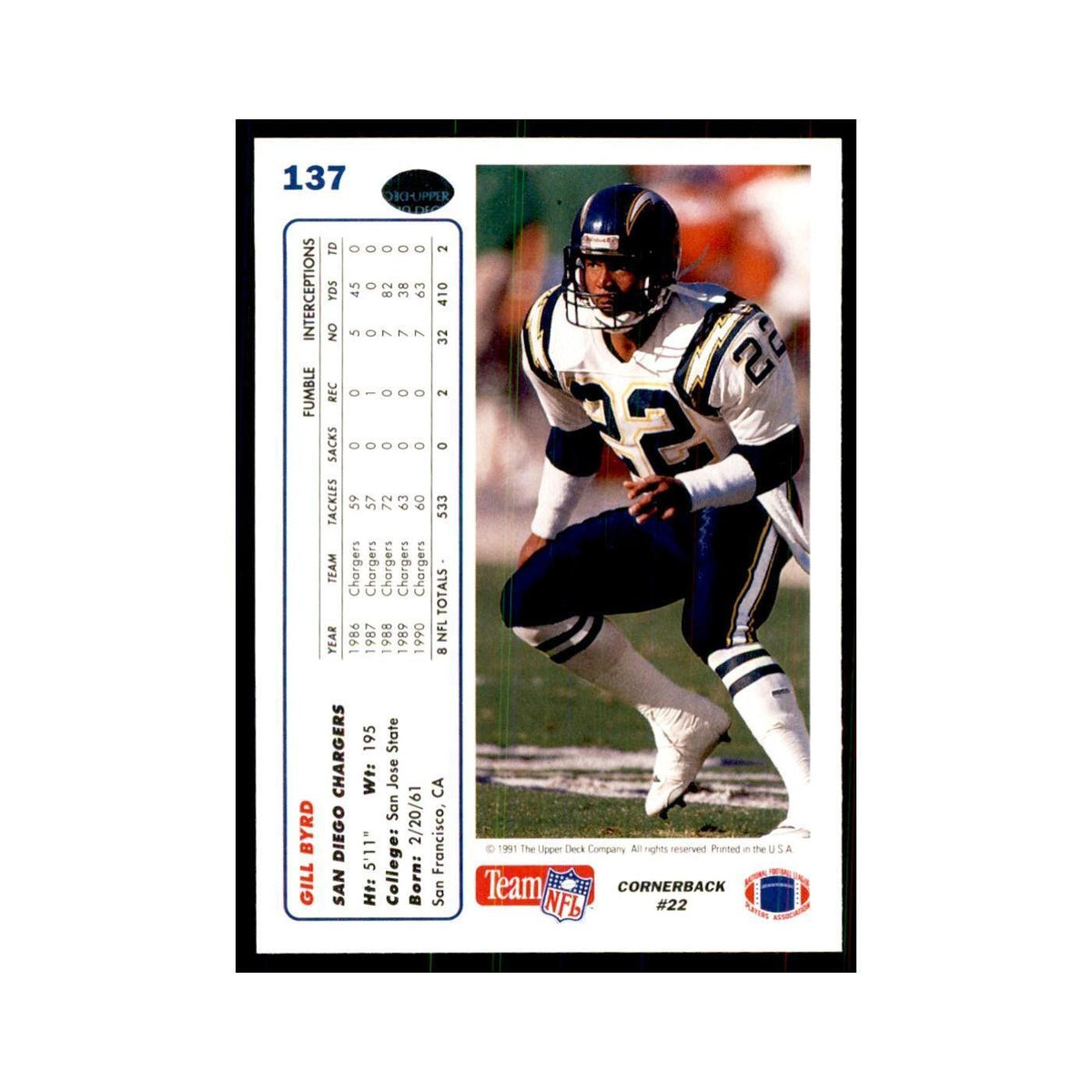 1991 Upper Deck Gill Byrd San Diego Chargers #137