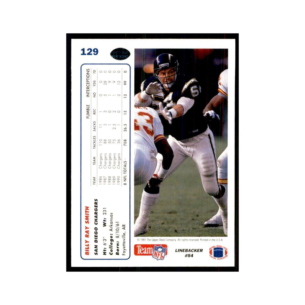1991 Upper Deck Billy Ray Smith San Diego Chargers #129
